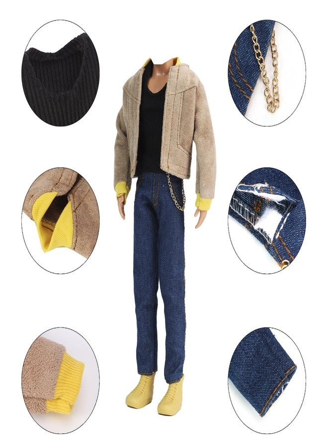 E-TING 10 Sets Casual Varsity Jacket Set= 5 Sets Casual Outfit for 12″ Boy Doll with 5 Pairs Shoes (Vintage Lightweight Suede Bomber Jackets+ Casual Wear Clothes ) - Image 4
